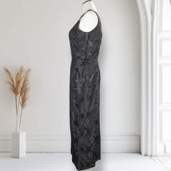 Vintage 60s Jacquard Cocktail Formal Maxi Dress Size 6 Black Fitted Bombshell - Picture 3 of 15